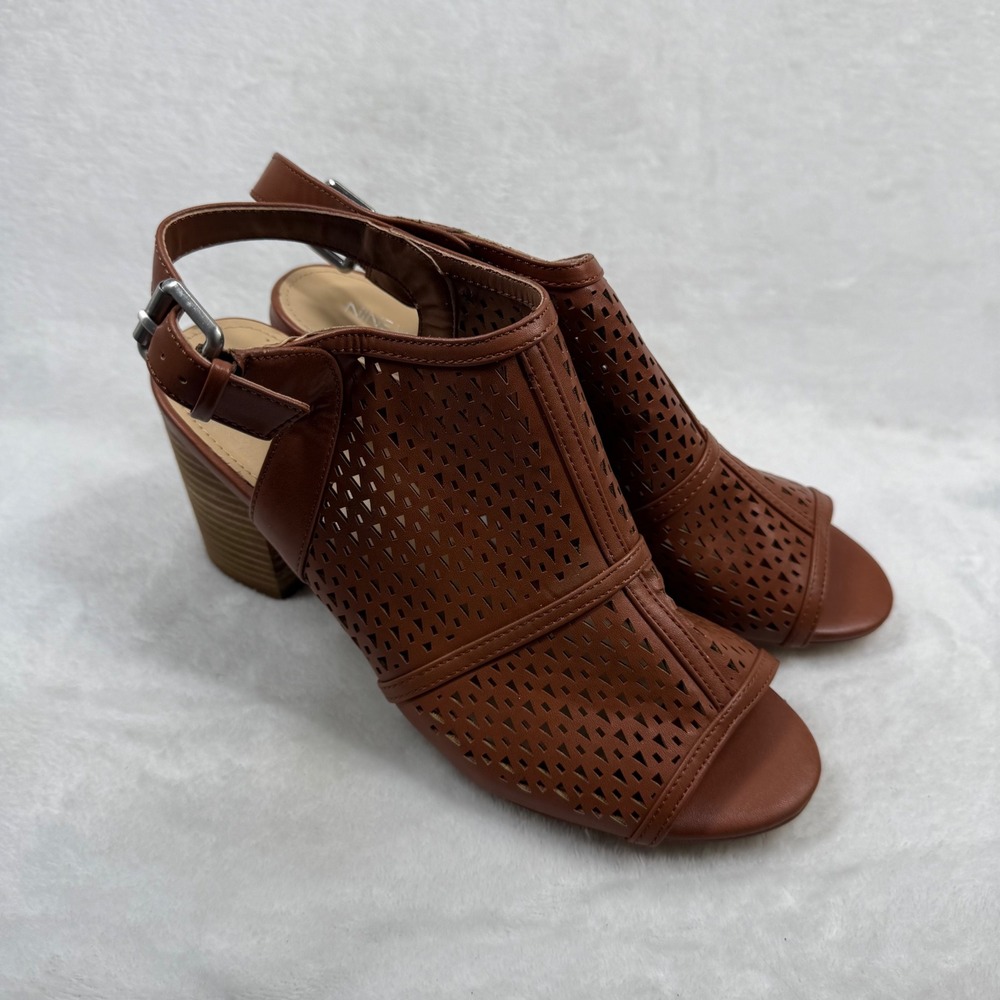 Nine West Cognac Brown Laser Cut Perforated Slingback Block Heel Sandals 10